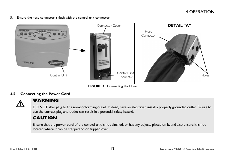 Connector cover, 5 connecting the power cord, Warning | Caution | Invacare MA85 User Manual | Page 17 / 36