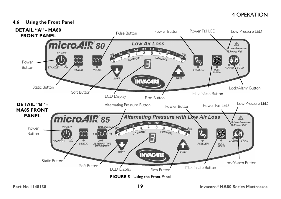 6 using the front panel, Detail “b” - ma85 front panel, 4 operation | Invacare MA85 User Manual | Page 19 / 36