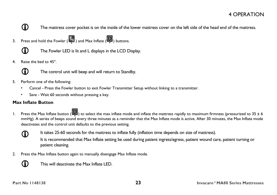 Raise the bed to 45, Perform one of the following, Save - wait 60 seconds without pressing a key | Max inflate button, This will deactivate the max inflate led | Invacare MA85 User Manual | Page 23 / 36