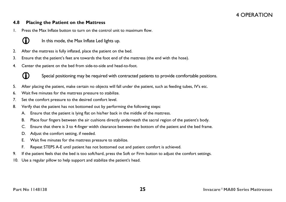 8 placing the patient on the mattress, In this mode, the max inflate led lights up, D. adjust the comfort setting, if needed | 4 operation | Invacare MA85 User Manual | Page 25 / 36