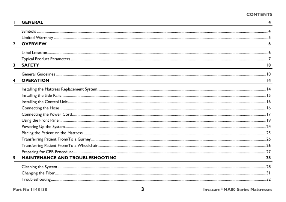 1 general 4, Symbols 4, Limited warranty 5 | 2 overview 6, Label location 6, Typical product parameters 7, 3 safety 10, General guidelines 10, 4 operation 14, Installing the mattress replacement system 14 | Invacare MA85 User Manual | Page 3 / 36