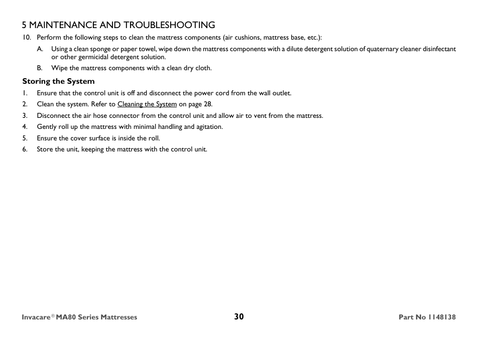 Storing the system, Ensure the cover surface is inside the roll, 5 maintenance and troubleshooting | Invacare MA85 User Manual | Page 30 / 36