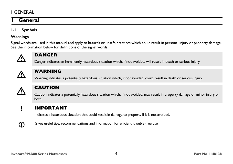 1 general, 1 symbols, Warnings | Danger, Warning, Caution, Important | Invacare MA85 User Manual | Page 4 / 36