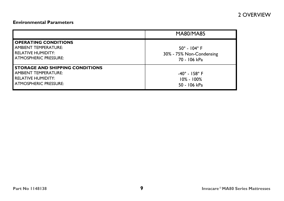 Environmental parameters, Operating conditions, Ambient temperature | Relative humidity, Atmospheric pressure, Storage and shipping conditions, 2 overview, Ma80/ma85 | Invacare MA85 User Manual | Page 9 / 36