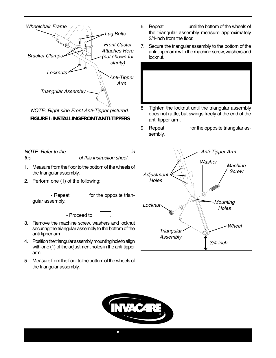 Adjusting front anti-tippers (figure 2) | Invacare Front Anti Tippers 2226 User Manual | Page 2 / 2