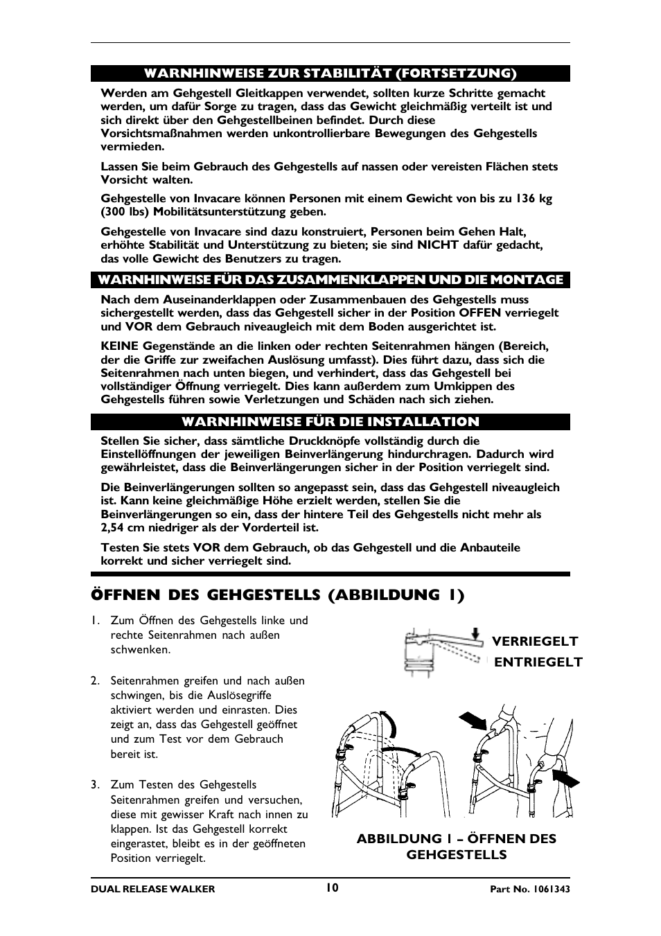 Öffnen des gehgestells (abbildung 1) | Invacare 6291E Adult User Manual | Page 10 / 16