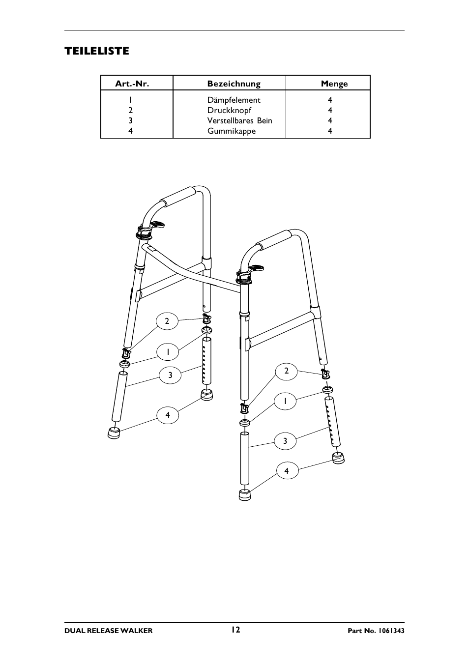 Teileliste | Invacare 6291E Adult User Manual | Page 12 / 16