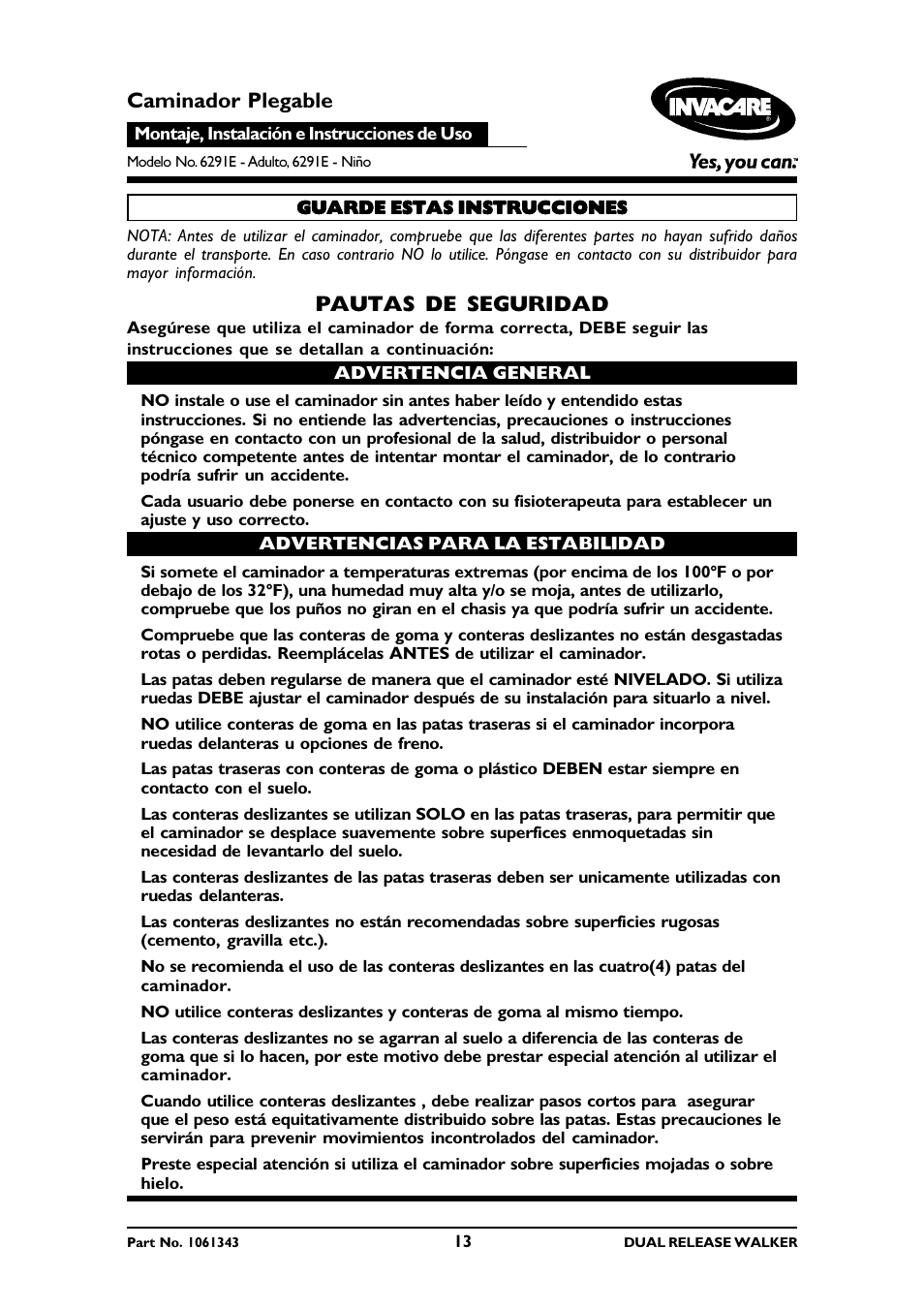 Pautas de seguridad, Caminador plegable | Invacare 6291E Adult User Manual | Page 13 / 16