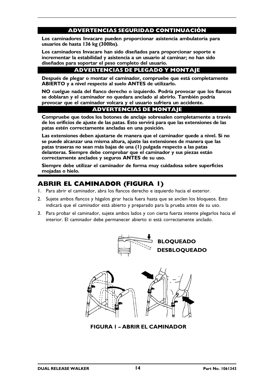 Abrir el caminador (figura 1) | Invacare 6291E Adult User Manual | Page 14 / 16