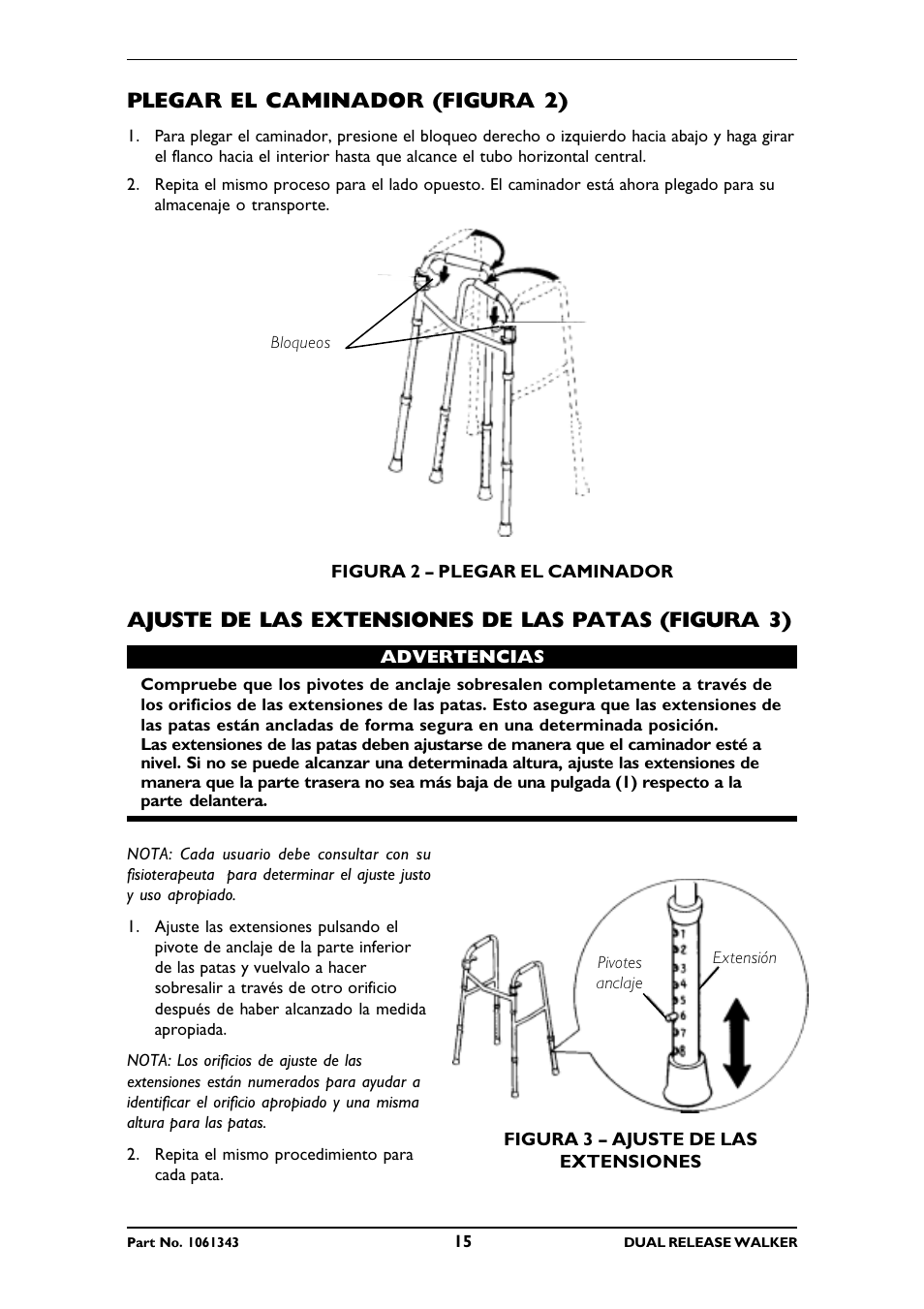 Plegar el caminador (figura 2), Ajuste de las extensiones de las patas (figura 3) | Invacare 6291E Adult User Manual | Page 15 / 16