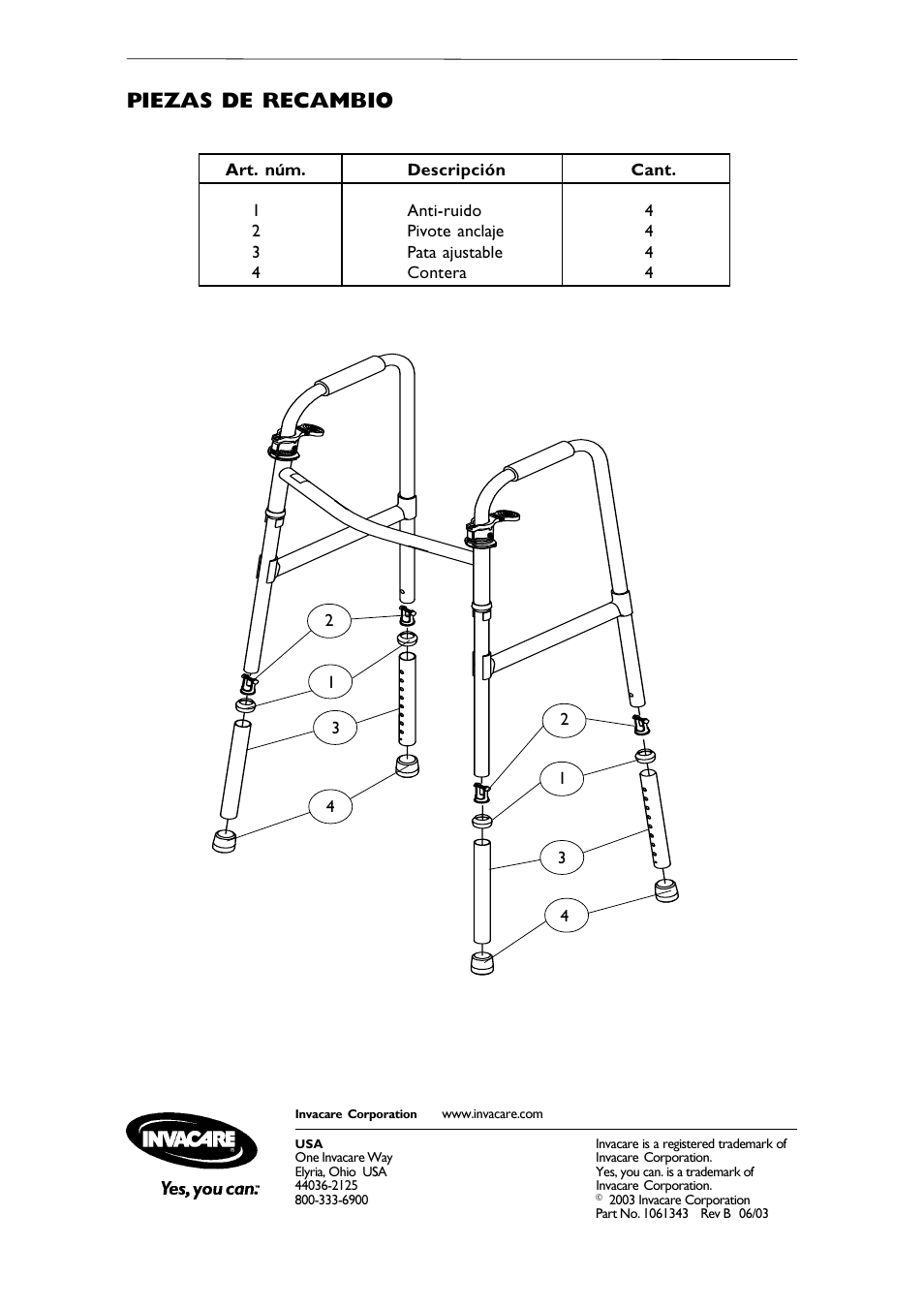 Piezas de recambio | Invacare 6291E Adult User Manual | Page 16 / 16