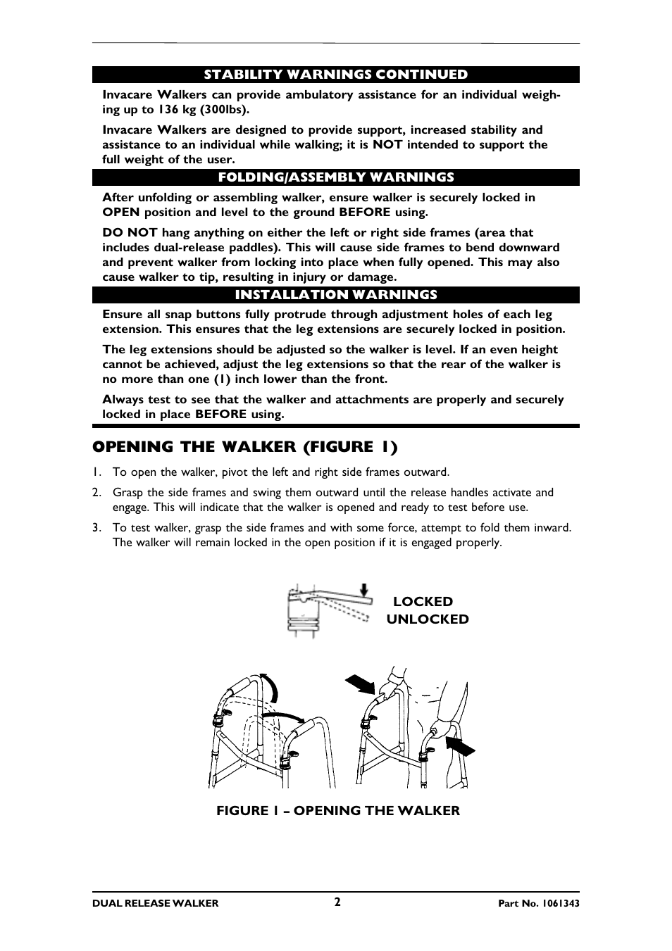 Opening the walker (figure 1) | Invacare 6291E Adult User Manual | Page 2 / 16