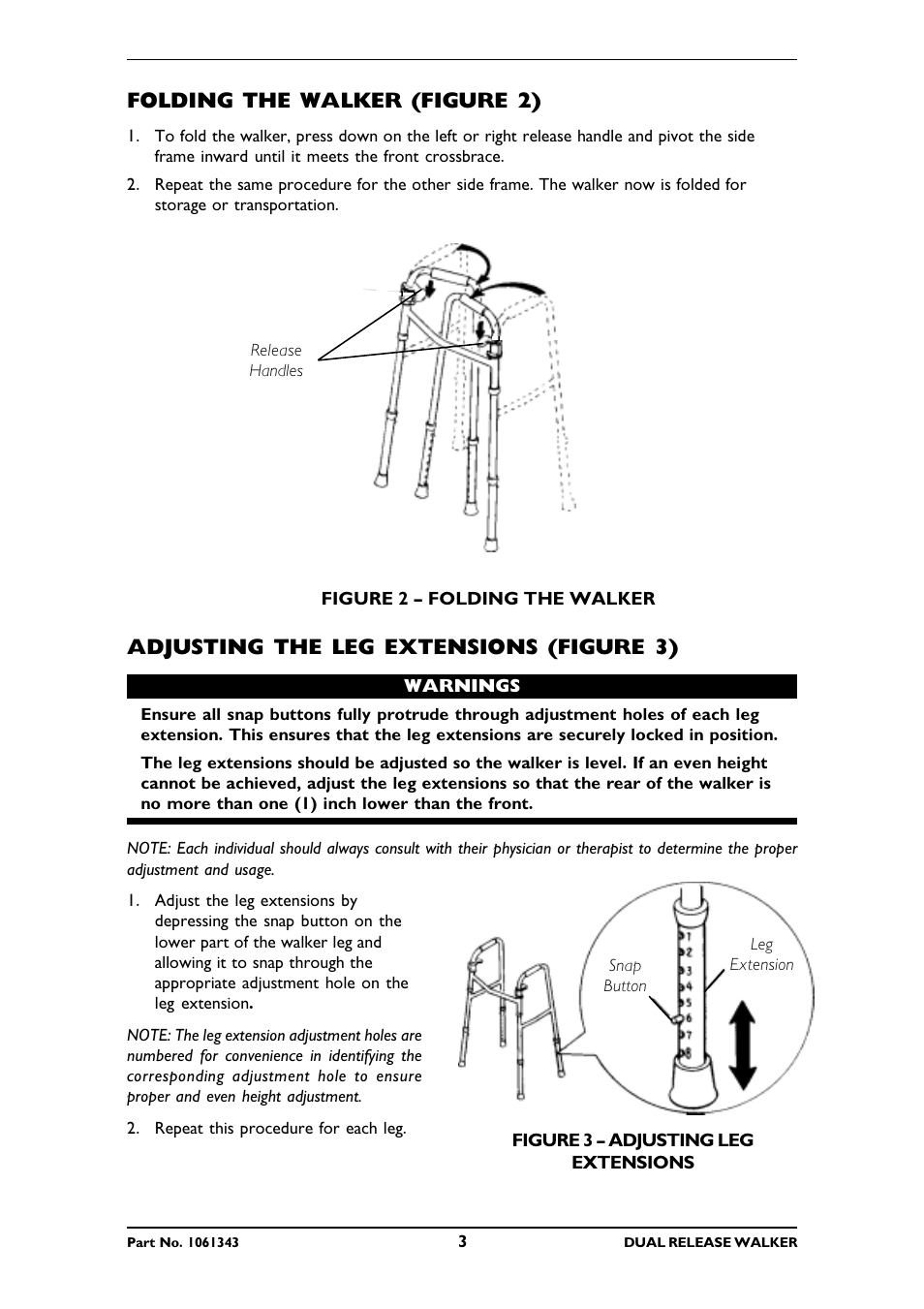 Folding the walker (figure 2), Adjusting the leg extensions (figure 3) | Invacare 6291E Adult User Manual | Page 3 / 16