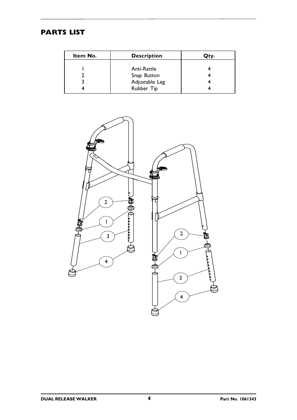 Parts list | Invacare 6291E Adult User Manual | Page 4 / 16