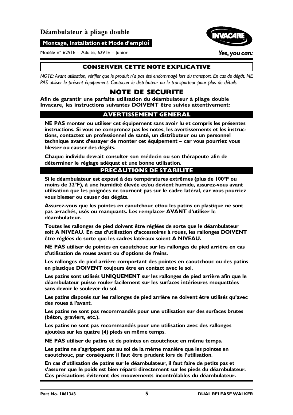 Déambulateur à pliage double | Invacare 6291E Adult User Manual | Page 5 / 16