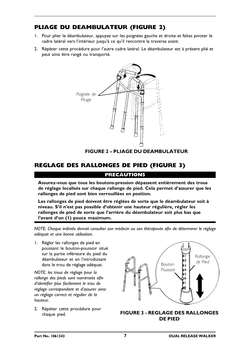 Pliage du deambulateur (figure 2), Reglage des rallonges de pied (figure 3) | Invacare 6291E Adult User Manual | Page 7 / 16