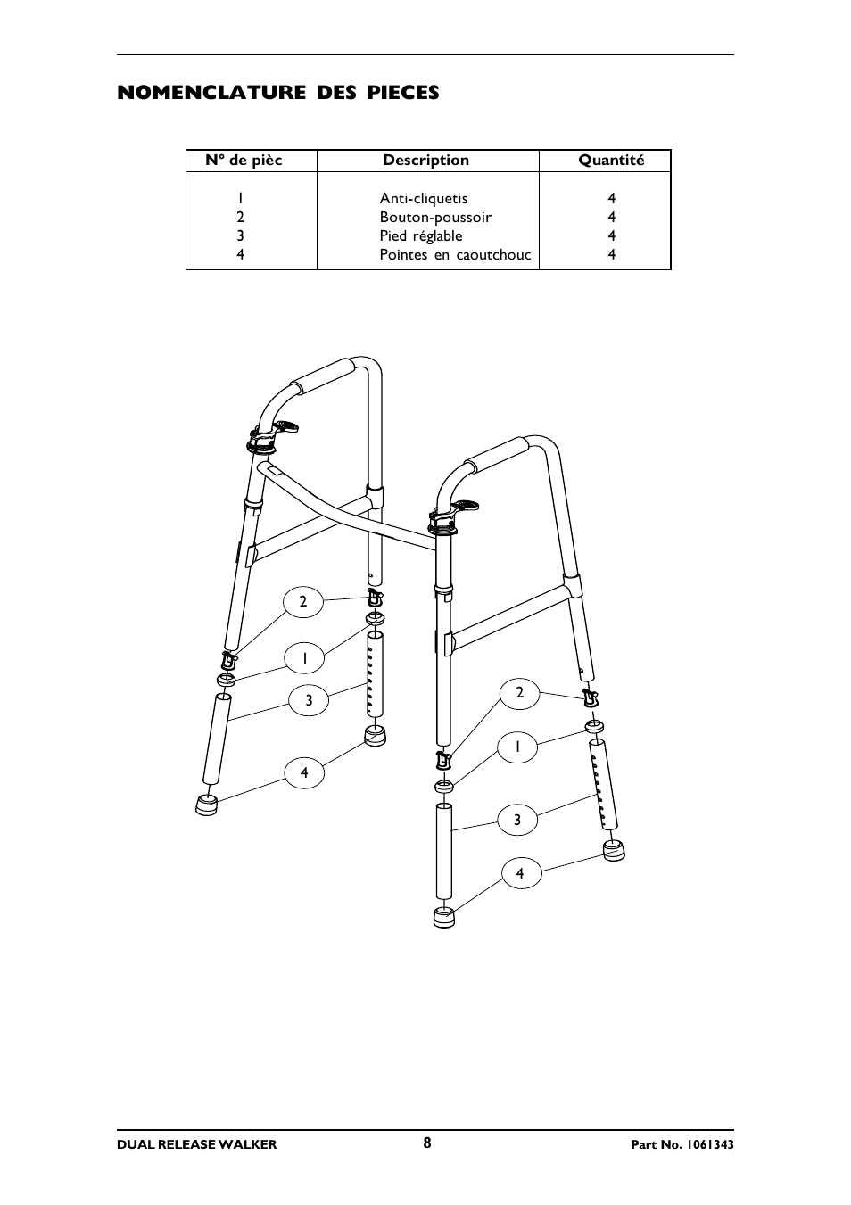 Nomenclature des pieces | Invacare 6291E Adult User Manual | Page 8 / 16