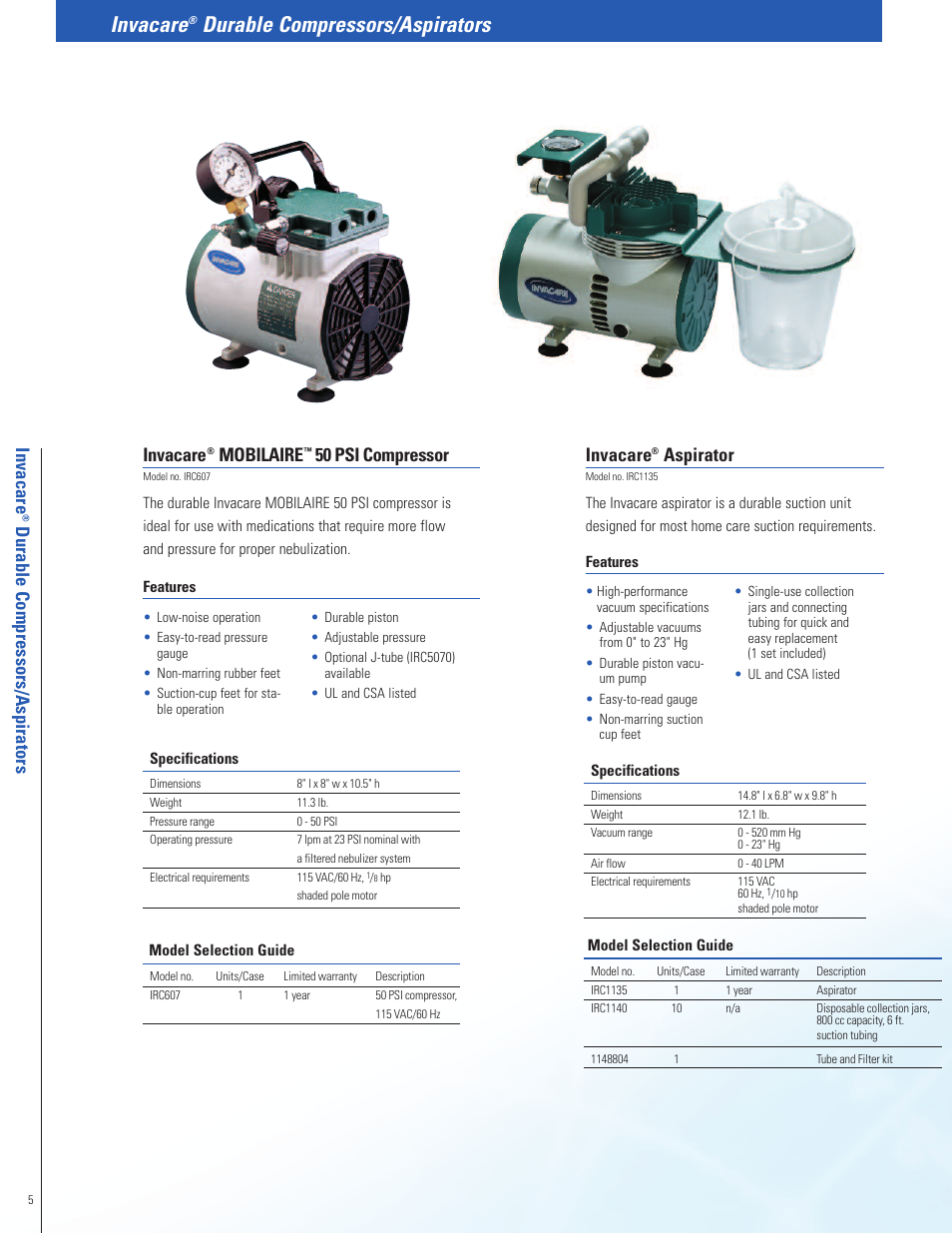 Invacare, Durable compressors/aspirators, Aspirator | Mobilaire, 50 psi compressor | Invacare Stratos Aerosol Compressors User Manual | Page 6 / 8