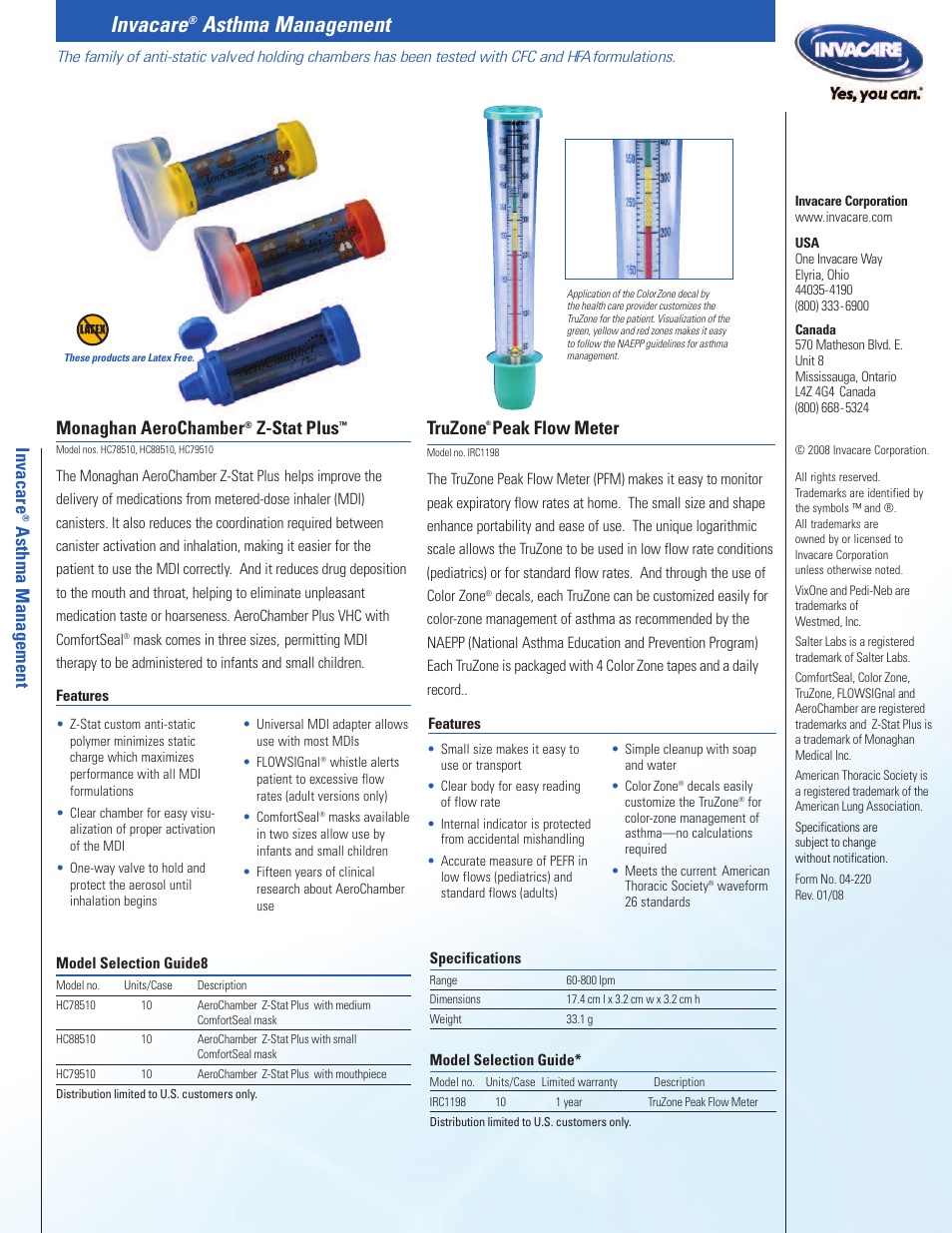 Invacare, Asthma management, Monaghan aerochamber | Z-stat plus, Truzone, Peak flow meter | Invacare Stratos Aerosol Compressors User Manual | Page 8 / 8