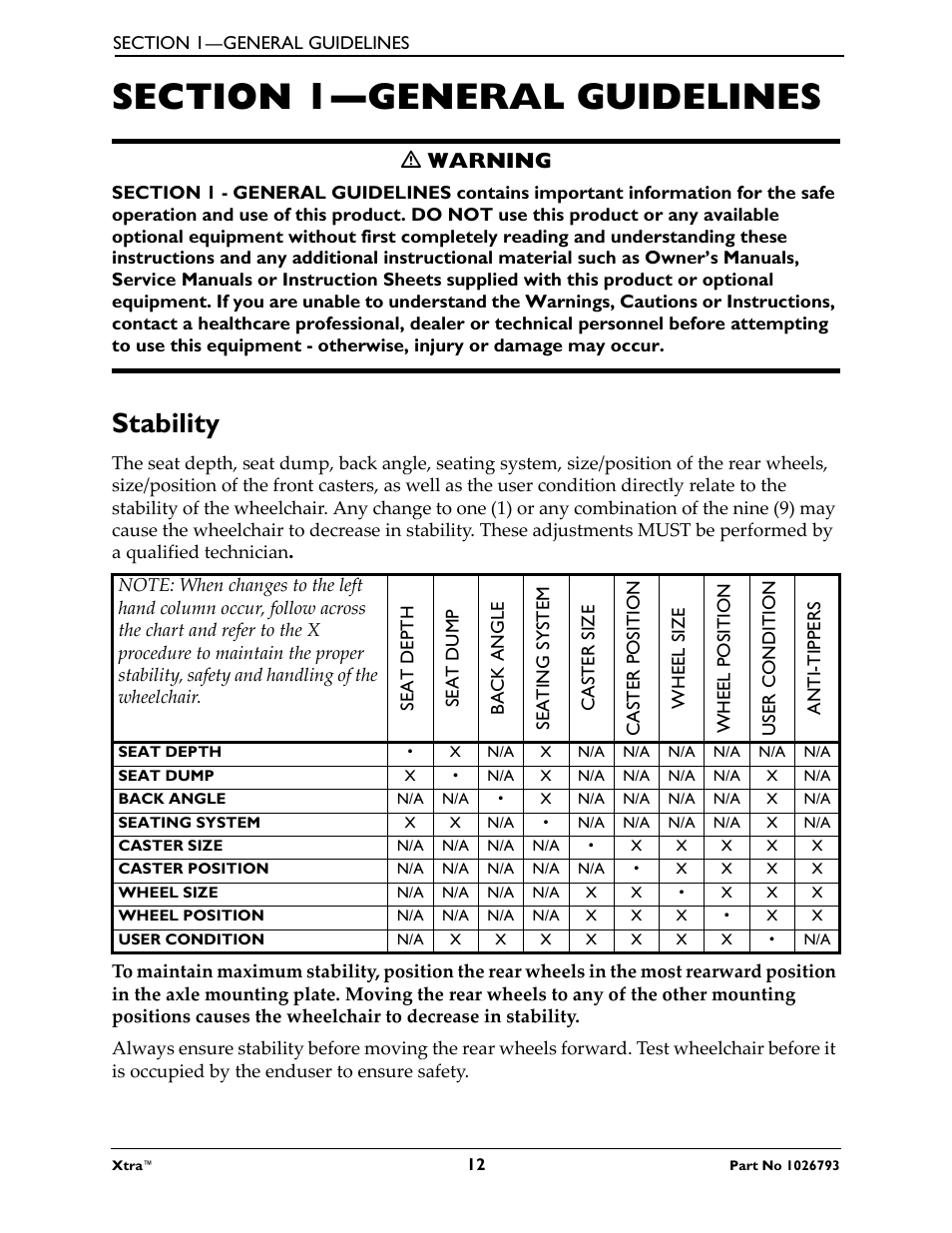 Section 1- general guidelines, M warning, Stability | Ƽ warning | Invacare XtraTM 1026793 User Manual | Page 12 / 60