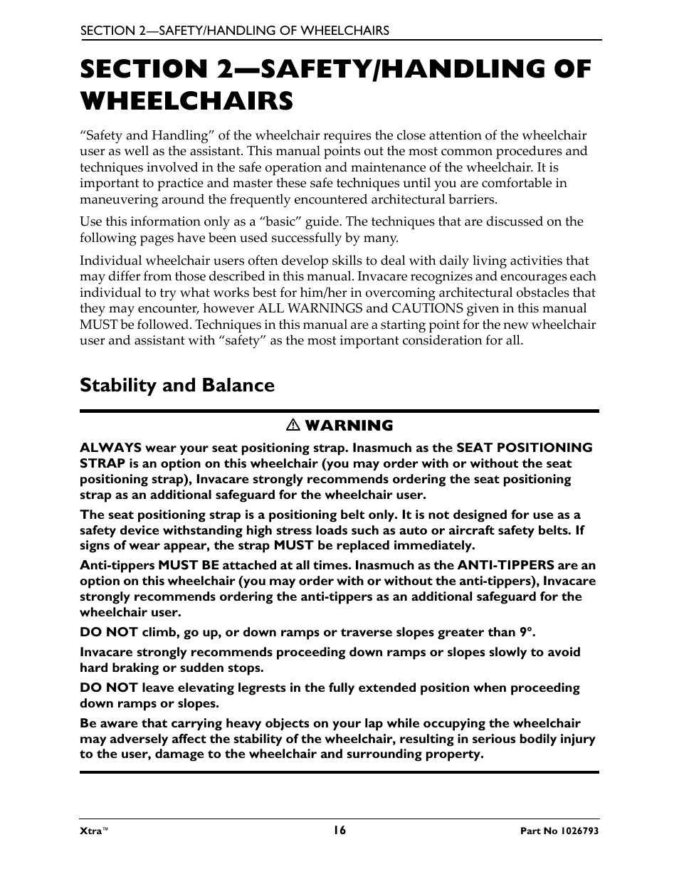 Section 2- safety/handling of wheelchairs, Stability and balance, M warning | Invacare XtraTM 1026793 User Manual | Page 16 / 60