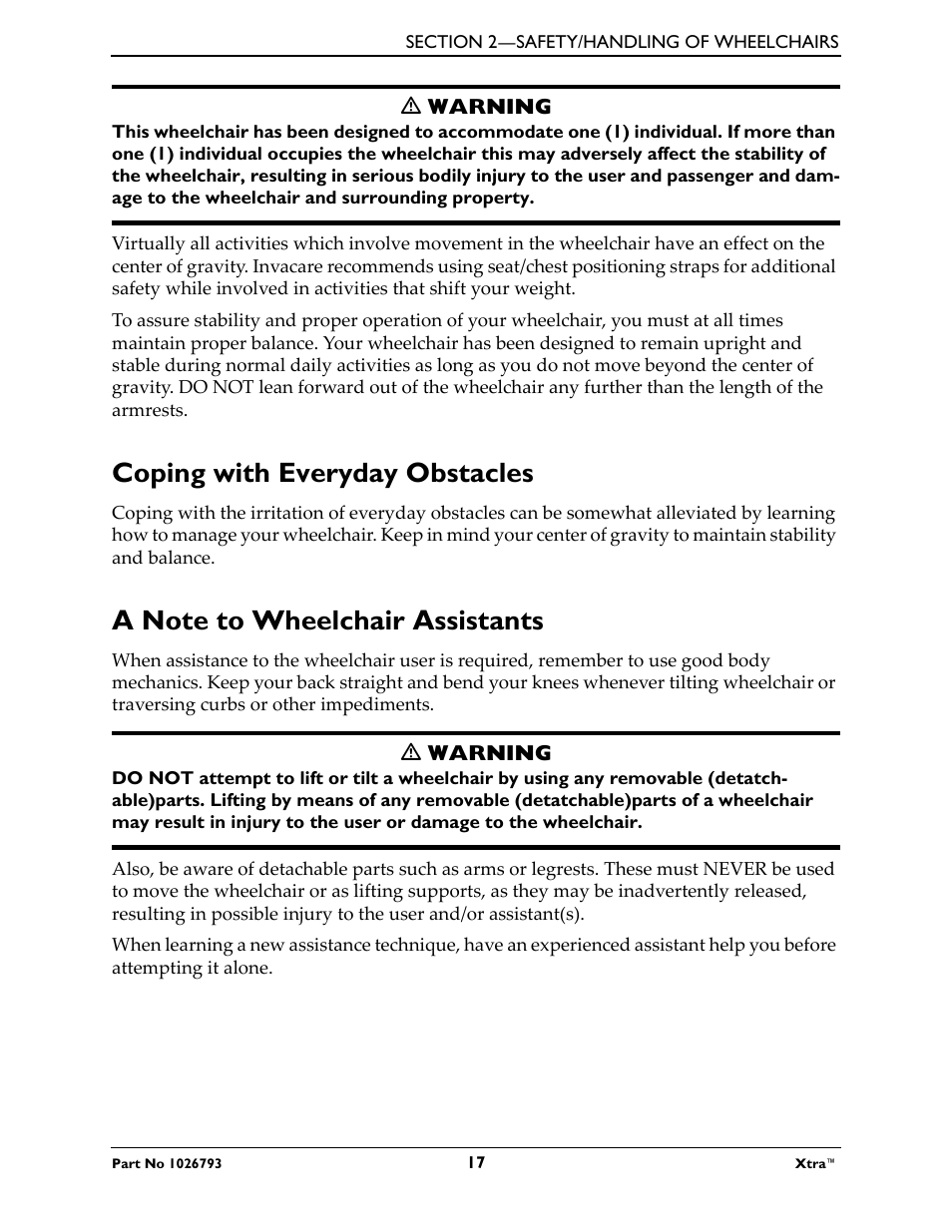 M warning, Coping with everyday obstacles, A note to wheelchair assistants | Invacare XtraTM 1026793 User Manual | Page 17 / 60