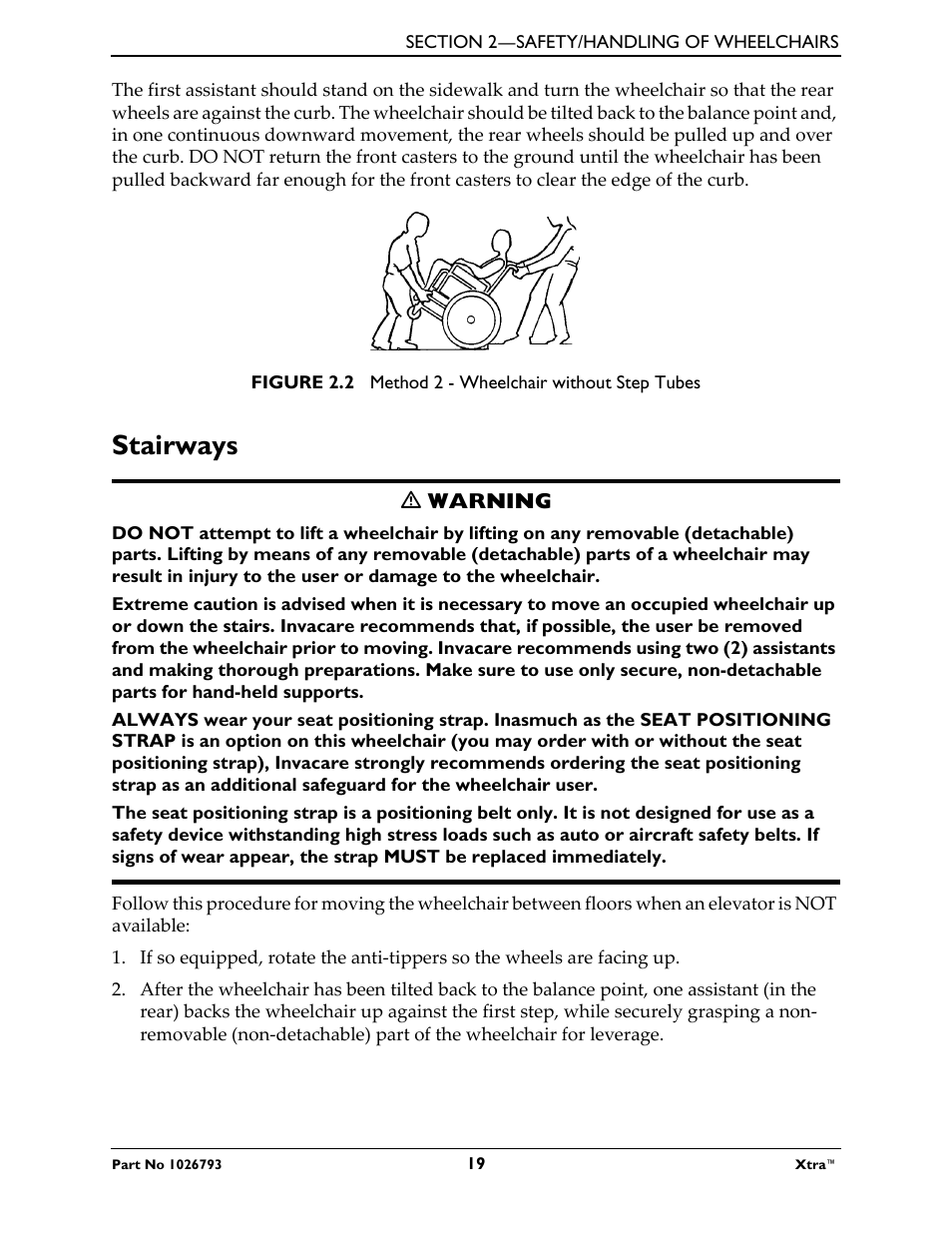 Stairways, M warning | Invacare XtraTM 1026793 User Manual | Page 19 / 60