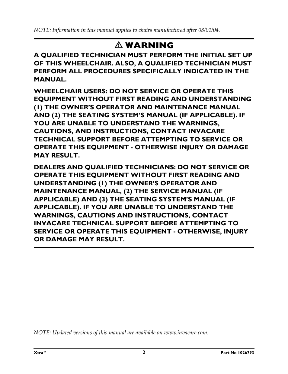 M warning, Ƽ warning | Invacare XtraTM 1026793 User Manual | Page 2 / 60