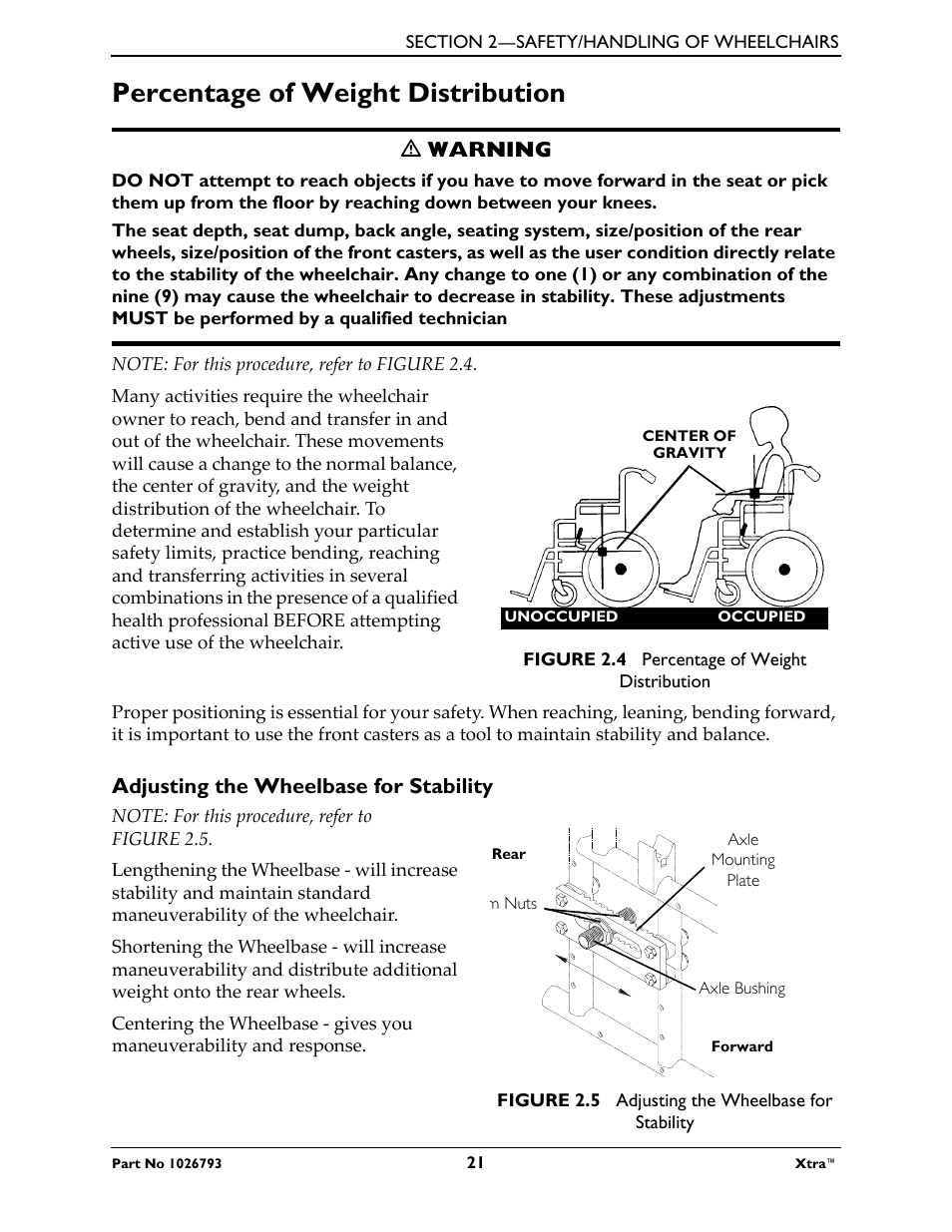 Percentage of weight distribution, M warning, Note: for this procedure, refer to figure 2.4 | Figure 2.4 percentage of weight distribution, Adjusting the wheelbase for stability, Rear, Figure 2.5 adjusting the wheelbase for stability | Invacare XtraTM 1026793 User Manual | Page 21 / 60