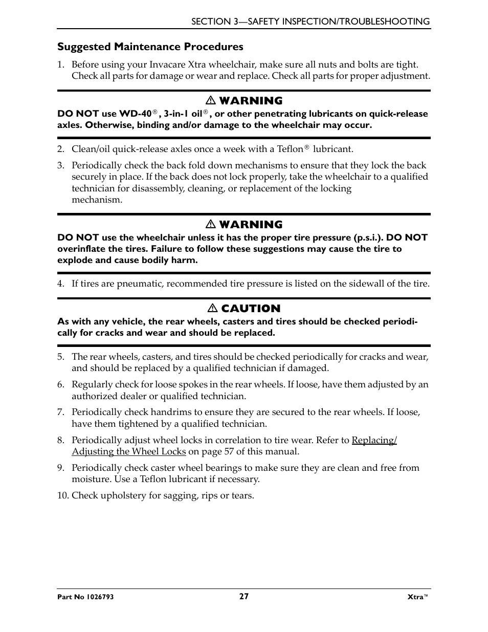 Suggested maintenance procedures, M warning, M caution | Check upholstery for sagging, rips or tears | Invacare XtraTM 1026793 User Manual | Page 27 / 60