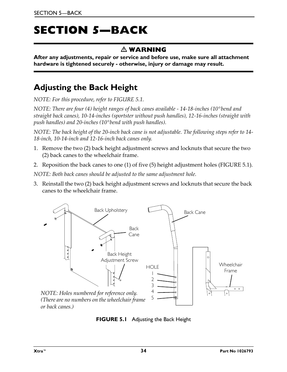 Section 5- back, M warning, Adjusting the back height | Note: for this procedure, refer to figure 5.1, Back cane, Figure 5.1 adjusting the back height | Invacare XtraTM 1026793 User Manual | Page 34 / 60