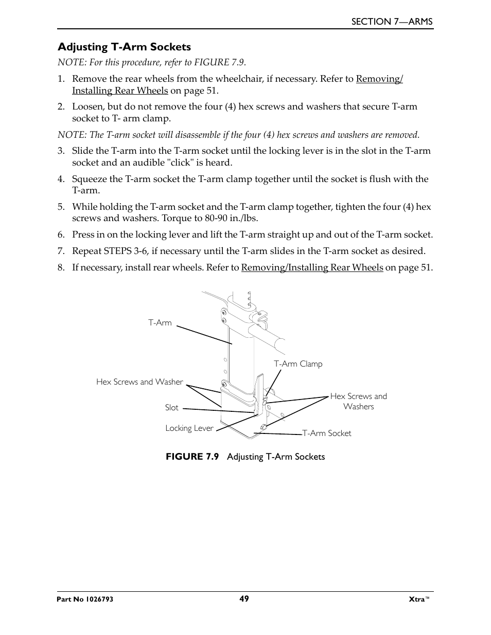 Adjusting t-arm sockets, Note: for this procedure, refer to figure 7.9, Locking lever | Figure 7.9 adjusting t-arm sockets | Invacare XtraTM 1026793 User Manual | Page 49 / 60