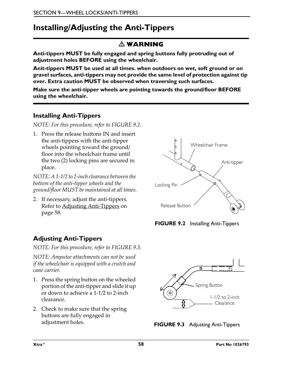 Installing/adjusting the anti-tippers, M warning, Installing anti-tippers | Note: for this procedure, refer to figure 9.2, Wheelchair frame, Figure 9.2 installing anti-tippers, Adjusting anti-tippers, Note: for this procedure, refer to figure 9.3, Spring button, Figure 9.3 adjusting anti-tippers | Invacare XtraTM 1026793 User Manual | Page 58 / 60