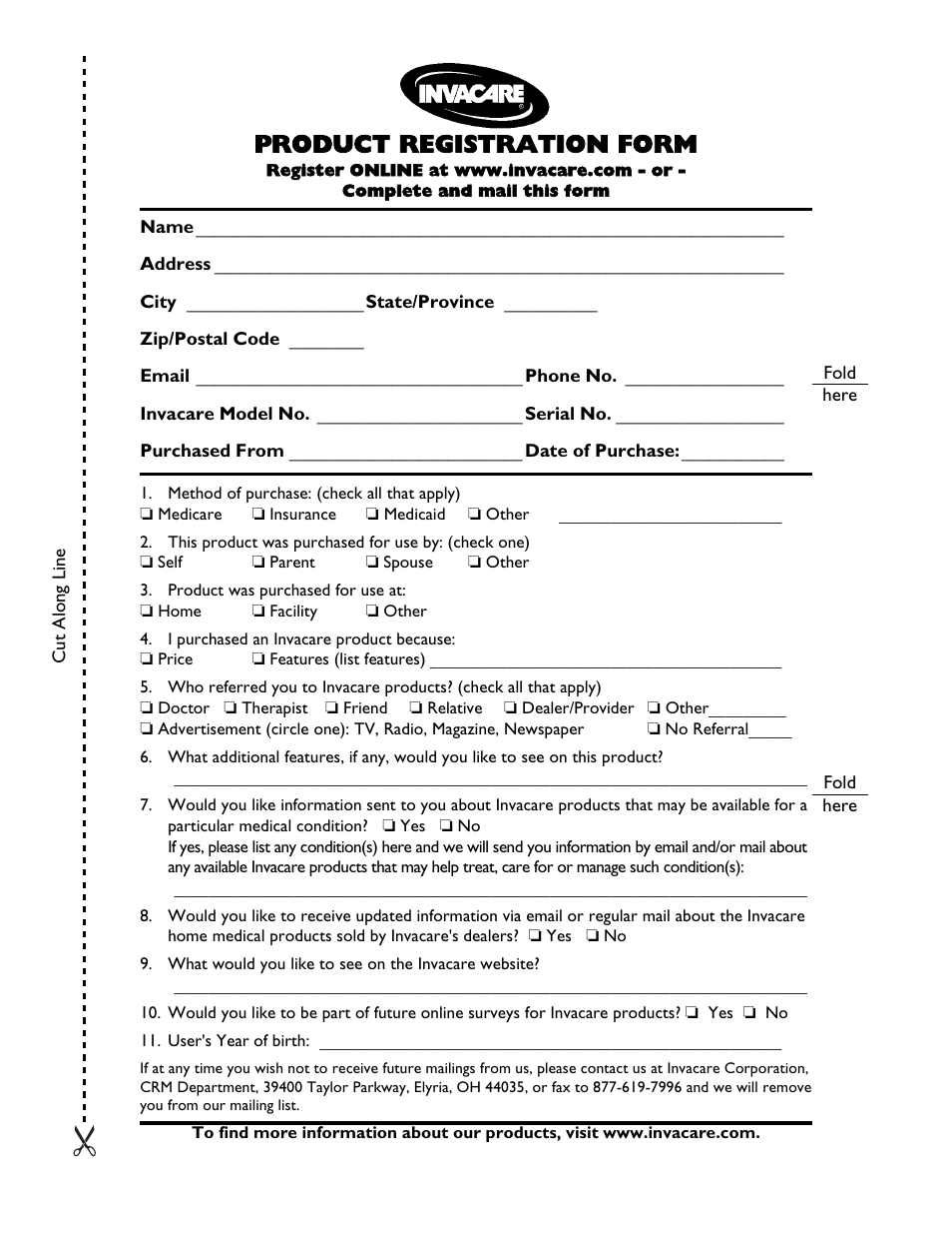 Product registration form | Invacare XtraTM 1026793 User Manual | Page 7 / 60