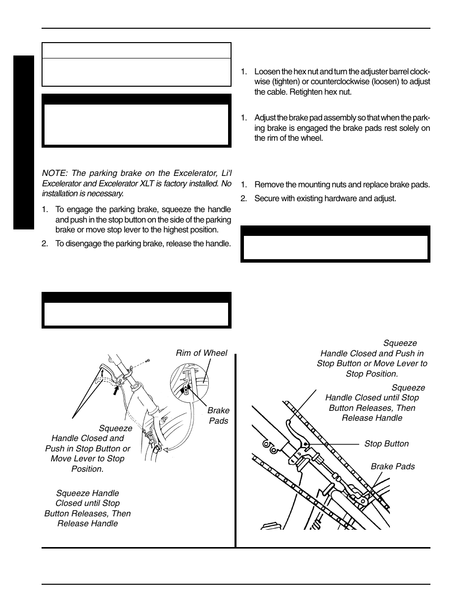 Using parking brake (figure 1), Parking brake adjustment/ replacement (figure 1) | Invacare Excelerator XLT 2000 User Manual | Page 22 / 36