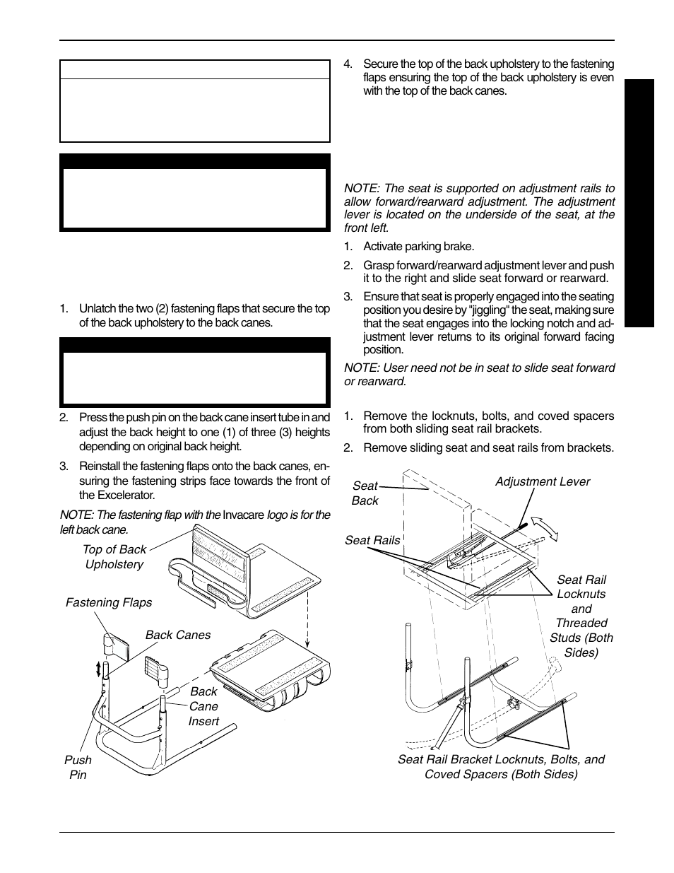 Sliding seat adjustment (figures 2 and 3) | Invacare Excelerator XLT 2000 User Manual | Page 23 / 36
