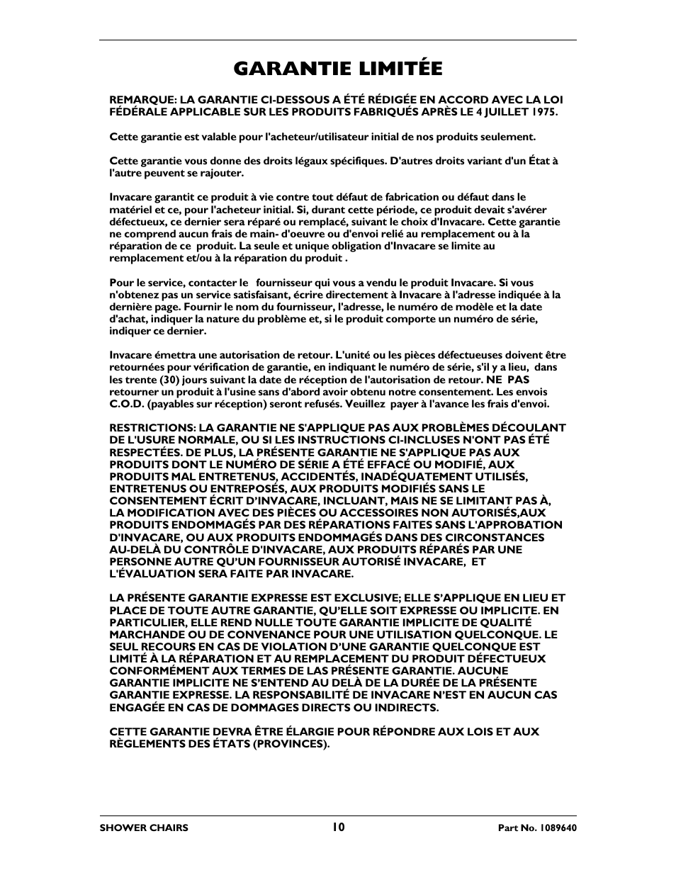 Garantie limitée | Invacare 75 User Manual | Page 10 / 16