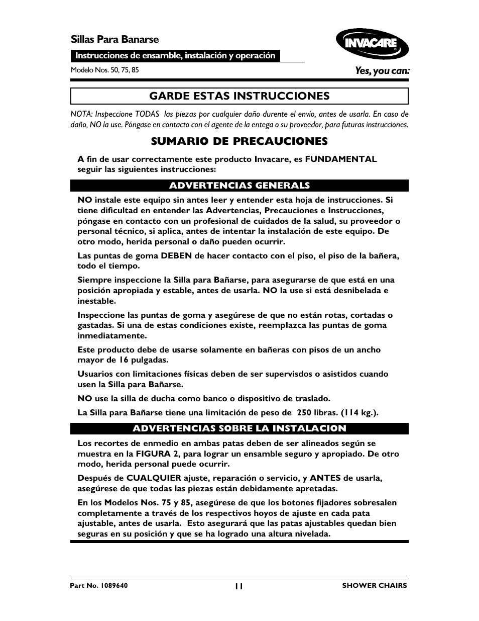 Sillas para banarse, Garde estas instrucciones, Sumario de precauciones | Invacare 75 User Manual | Page 11 / 16