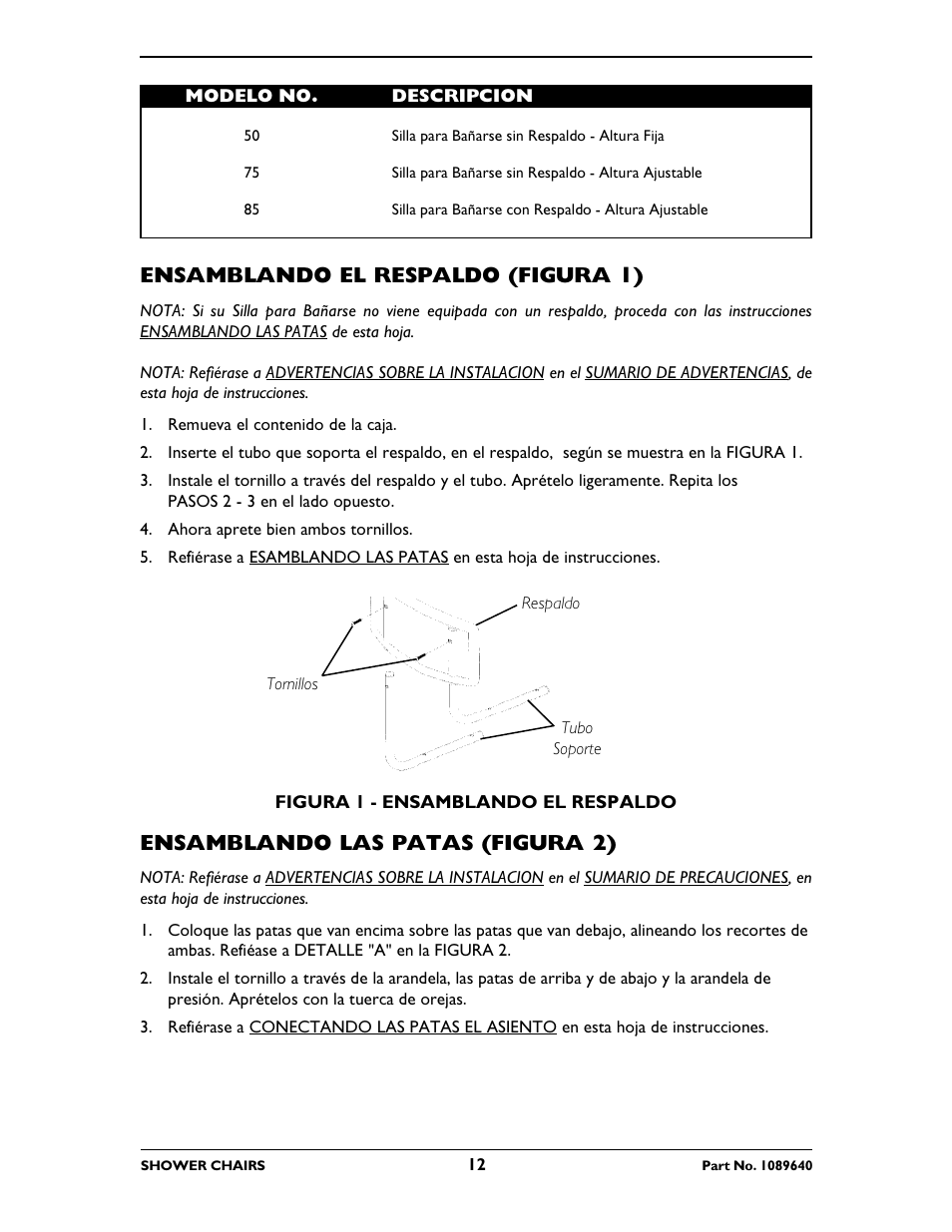 Ensamblando el respaldo (figura 1), Ensamblando las patas (figura 2) | Invacare 75 User Manual | Page 12 / 16