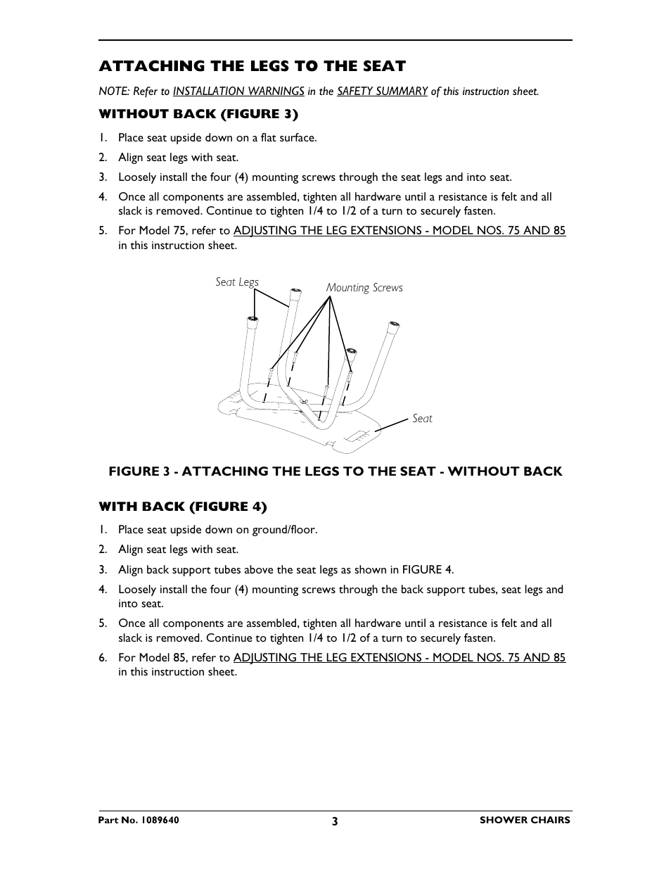 Attaching the legs to the seat | Invacare 75 User Manual | Page 3 / 16