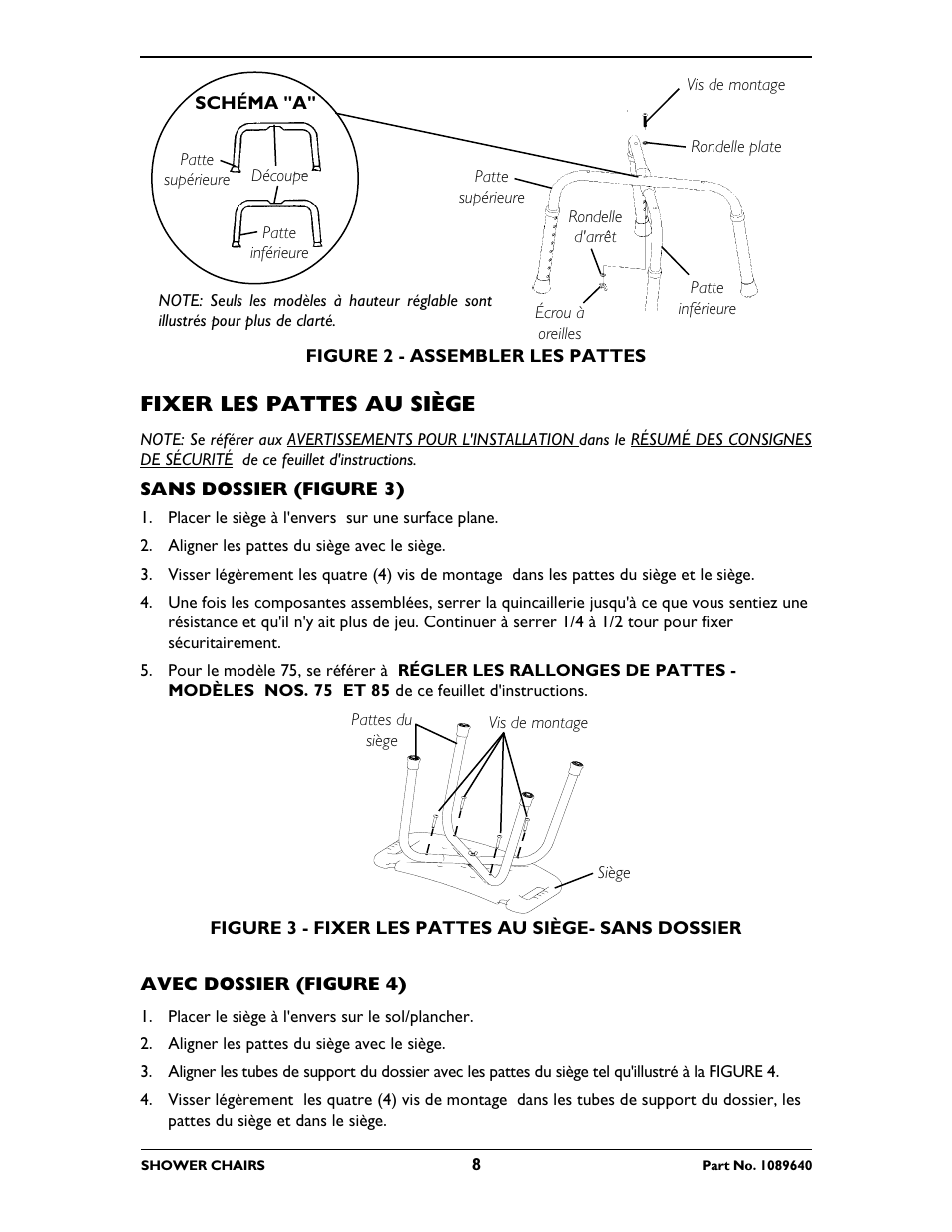 Fixer les pattes au siège | Invacare 75 User Manual | Page 8 / 16