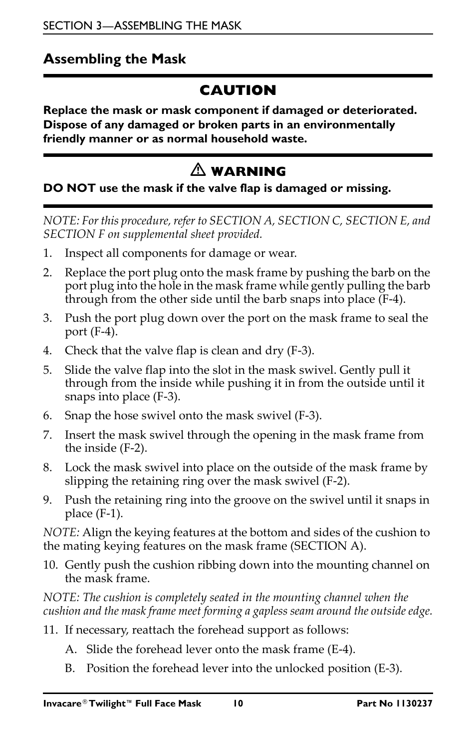 Assembling the mask, Caution, M warning | Inspect all components for damage or wear, Check that the valve flap is clean and dry (f-3), Snap the hose swivel onto the mask swivel (f-3), Assembling the mask caution | Invacare 1150693 User Manual | Page 10 / 12