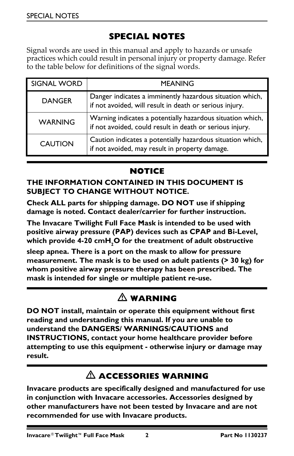Special notes, Signal word, Meaning | Notice, M warning, M accessories warning | Invacare 1150693 User Manual | Page 2 / 12
