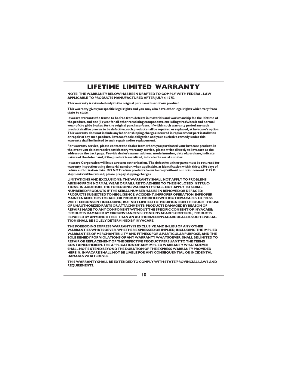 Lifetime limited warranty | Invacare 6300-5F User Manual | Page 10 / 36