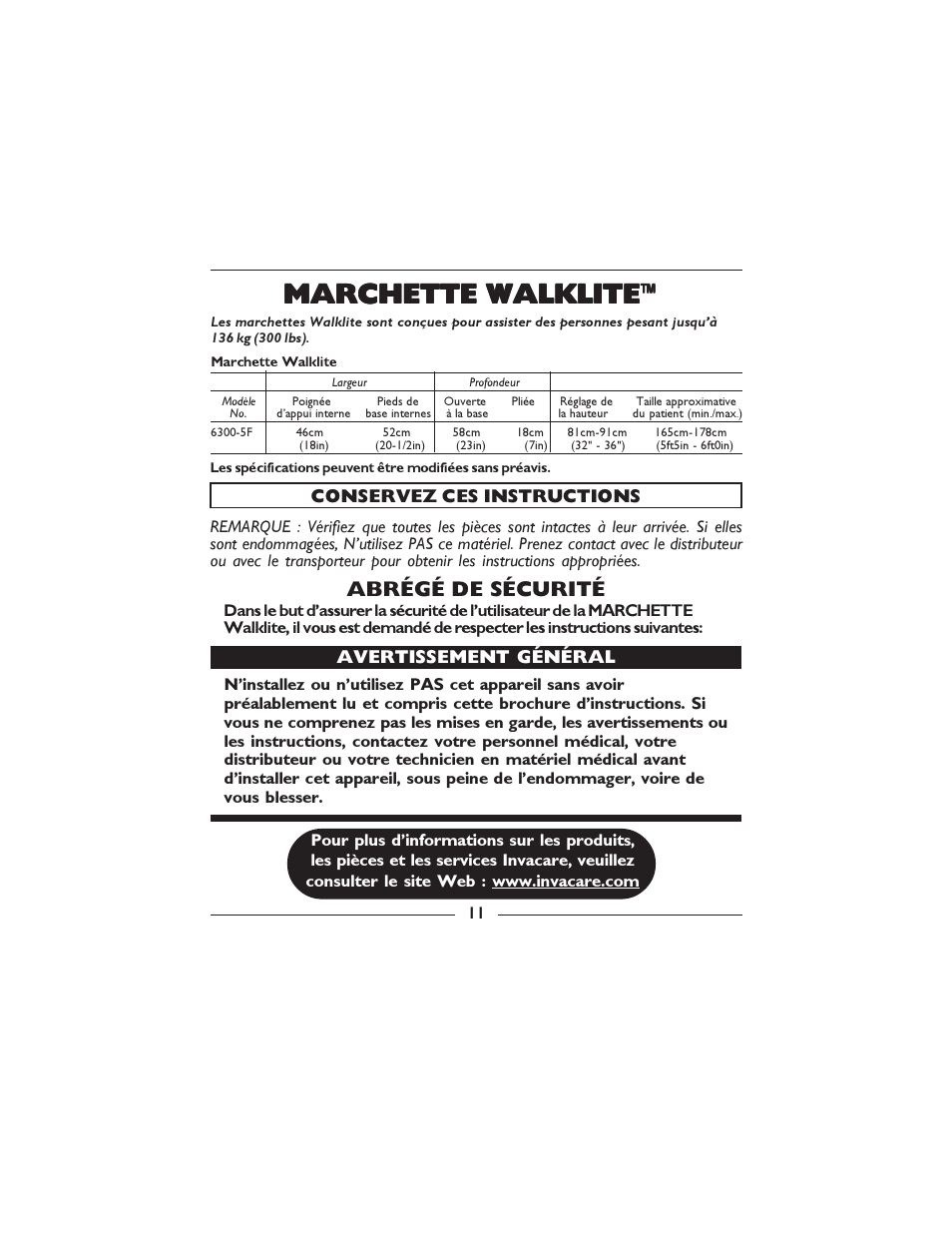 Marchette walklite, Abrégé de sécurité | Invacare 6300-5F User Manual | Page 11 / 36