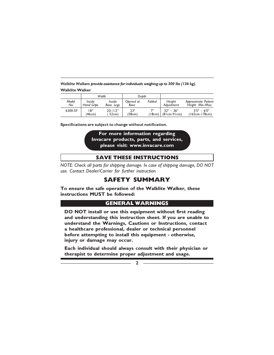 Safety summary, Save these instructions, General warnings | Invacare 6300-5F User Manual | Page 2 / 36