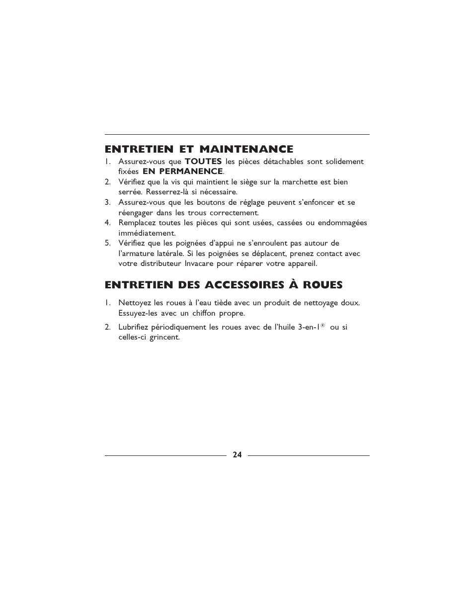 Entretien et maintenance, Entretien des accessoires à roues | Invacare 6300-5F User Manual | Page 24 / 36