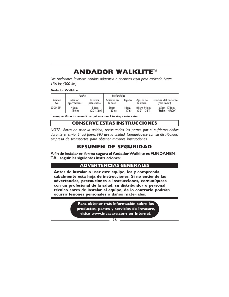 Andador walklite, Resumen de seguridad | Invacare 6300-5F User Manual | Page 26 / 36