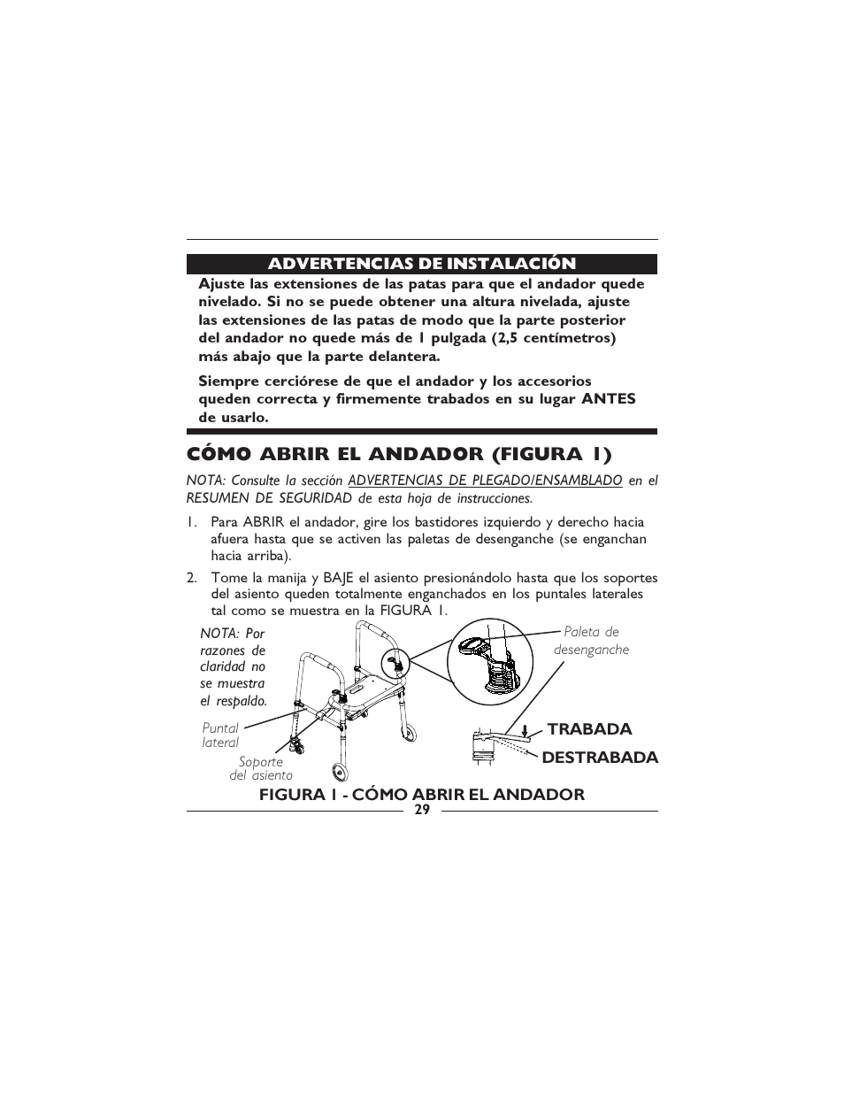 Cómo abrir el andador (figura 1) | Invacare 6300-5F User Manual | Page 29 / 36