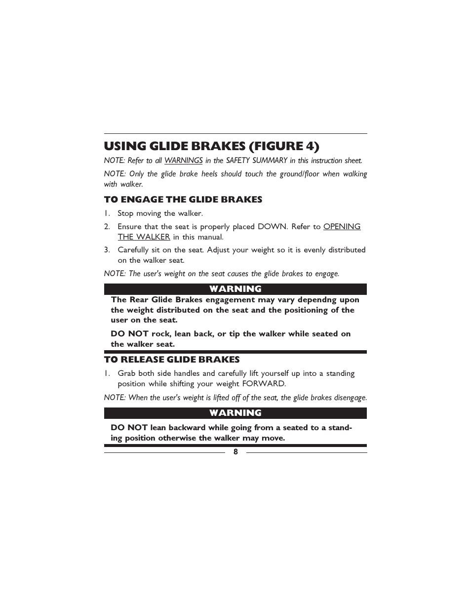 Using glide brakes (figure 4) | Invacare 6300-5F User Manual | Page 8 / 36